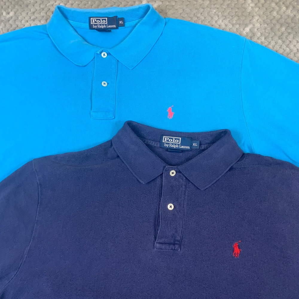 Lot 2 Polo Ralph Lauren Polo Shirts Mens XL Blue Navy Pique Short Sleeve Pony